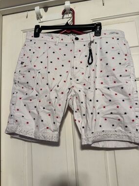 White Star Print Cotton Shorts - Red & Navy Stars DENIM & FLOWERS  SIZE 34.